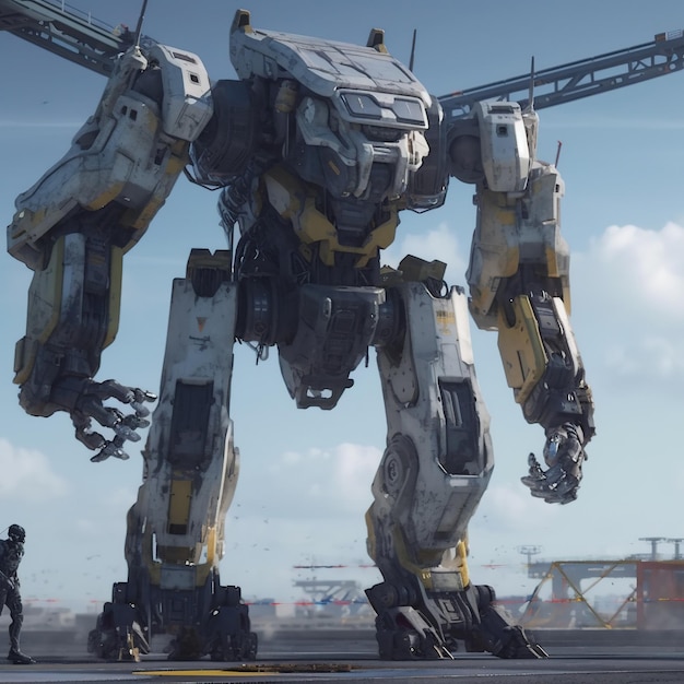 Un robot gigante con un corpo grande e un uomo in piedi di fronte.