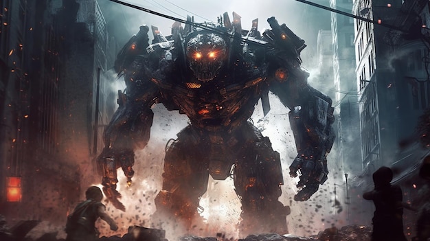 Un robot gigante con una faccia che dice "gigante di ferro".