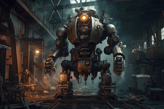 Un robot gigante in un magazzino con sopra la scritta fallout