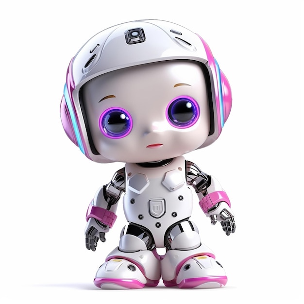 Un robot giocattolo con gli occhi rosa e un elmetto con sopra la scritta ".