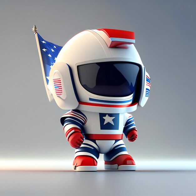 un robot giocattolo con una bandiera sulla schiena e la parola "a" us flag "sul retro.