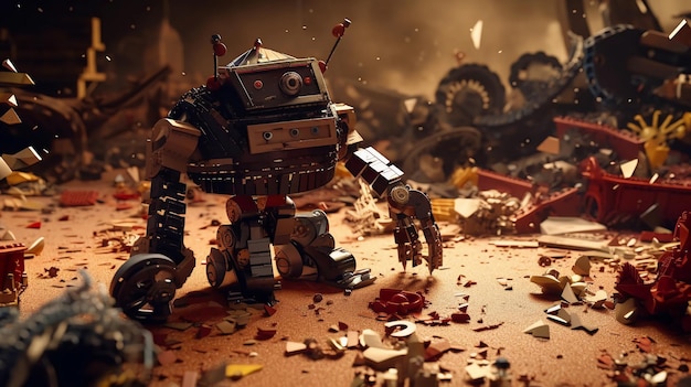 Un robot giocattolo dopo aver combattuto contro l'illustrazione dell'arte digitale