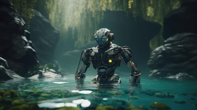 Un robot in acqua con uno sfondo verde e uno sfondo verde.
