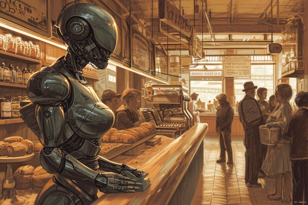 Un robot in piedi in un negozio sullo sfondo di un bancone e un sacco di persone