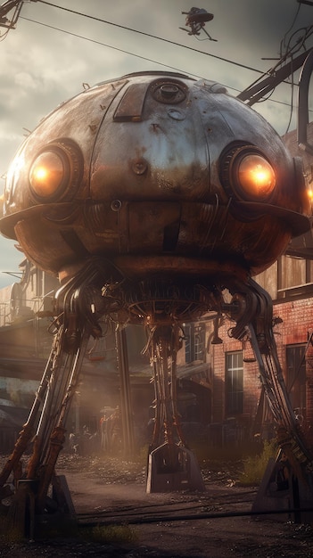 Un robot in stile steampunk davanti a una città in rovina.