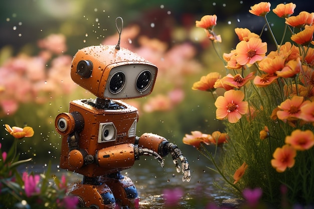 Un robot in un giardino fiorito