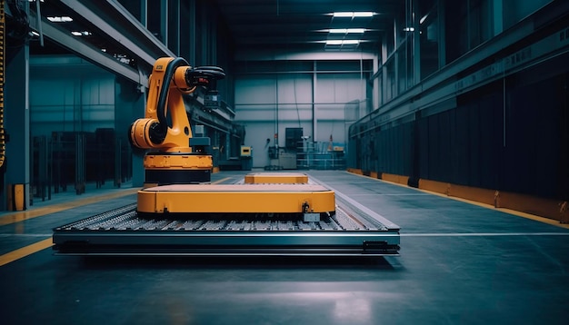 Un robot in un magazzino con un grosso pezzo di metallo che dice "industriale"