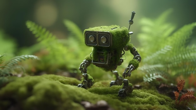 Un robot in una foresta con muschio e felci.