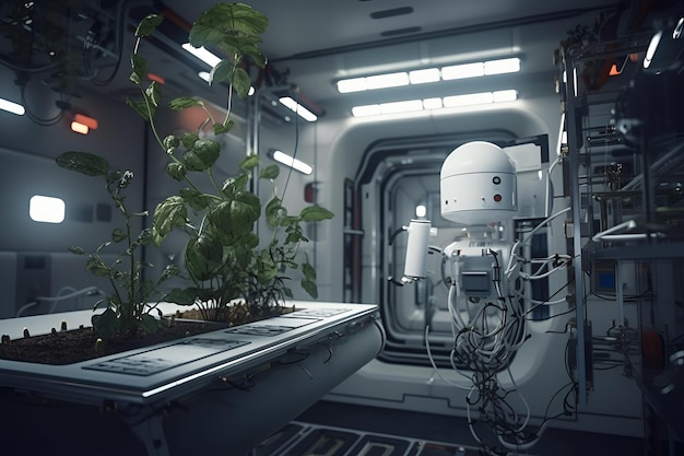 Un robot in una stazione spaziale con piante e una pianta