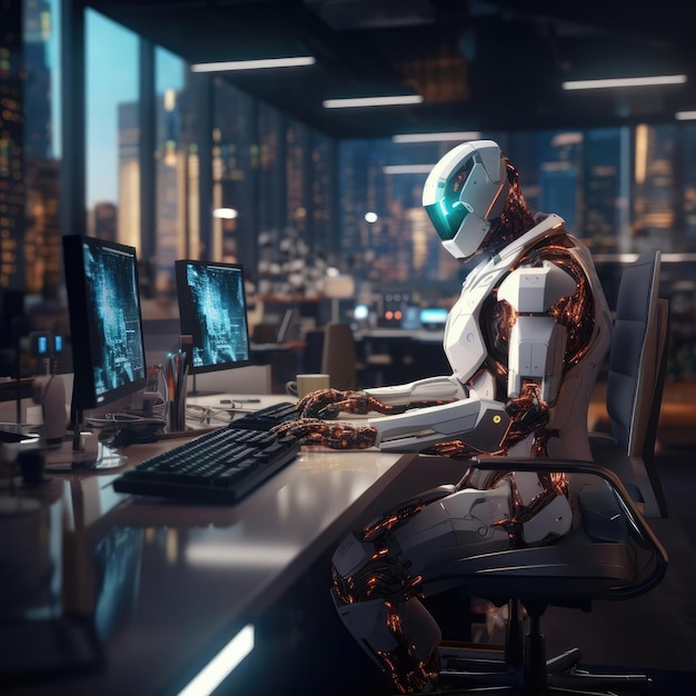 Un robot lavora al computer in un ufficio