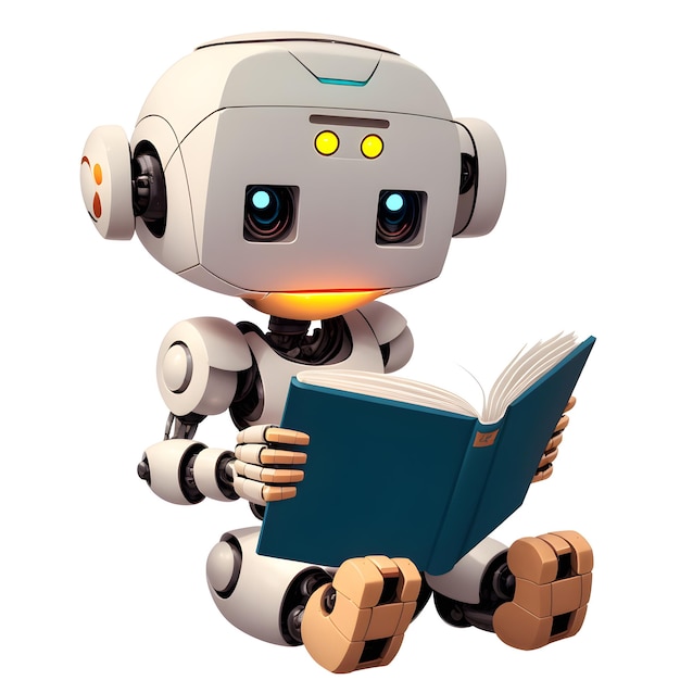 Un robot legge un libro su sfondo bianco qualità umane in un'intelligenza artificiale generata