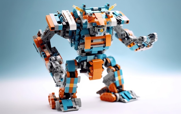 Un robot lego con blocchi blu, arancioni e gialli sulla faccia.