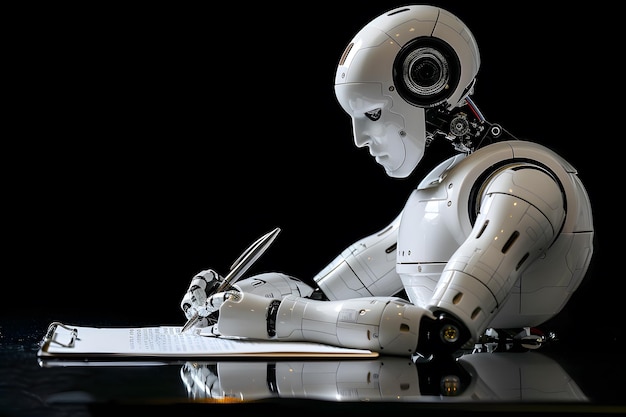 Un robot moderno che scrive con una penna su una carta
