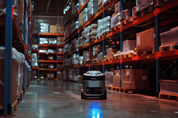 Un robot per il trasporto di merci è in un magazzino con una luce blu su di esso