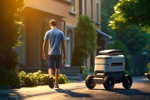 Un robot per le consegne o un corriere vicino a un edificio residenziale ha portato un pacco o un ordine a casa di un cliente Un'auto robotica a guida autonoma