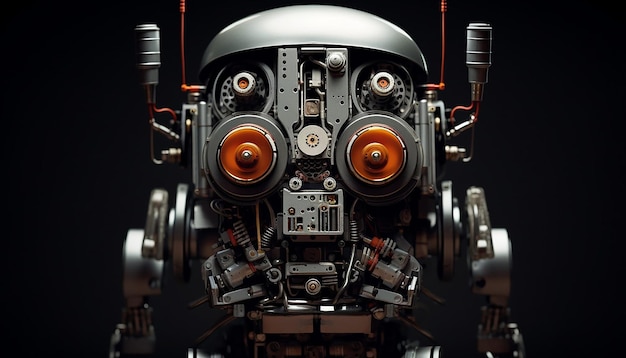 Un robot realizzato in metallo e componenti elettronici Fotografia con velocità lenta dell'otturatore in vista frontale