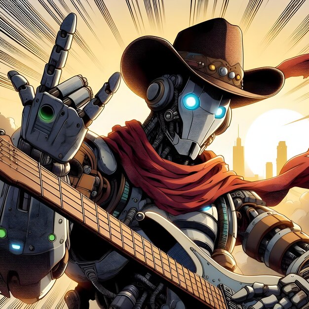 Un robot rocker con un cappello da cowboy su un palco