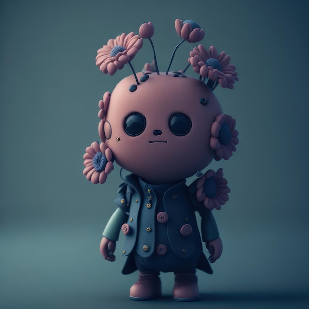 Un robot rosa con dei fiori in testa e una giacca blu.