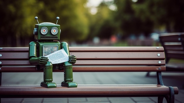 Un robot seduto su una panchina con un pezzo di carta che dice "robot"