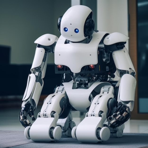 Un robot seduto sul pavimento con sopra la parola robot