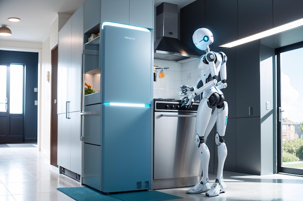 Un robot si trova accanto a un frigorifero in una cucina.