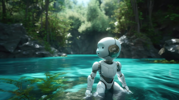Un robot si trova in un lago in una foresta.