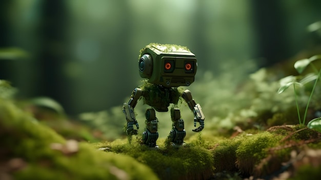 Un robot si trova in una foresta con muschio verde e le parole "robot" in basso a destra.