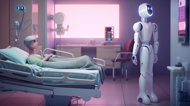 Un robot si trova in una stanza d'ospedale con una donna in una stanza rosa.