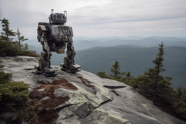 Un robot si trova su una roccia di fronte a una montagna.