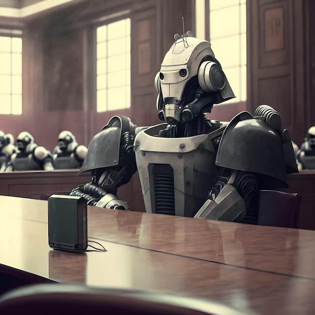 Un robot siede a un tavolo in un'aula di tribunale.