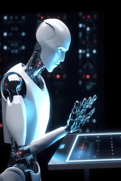 Un robot siede davanti a un laptop con le parole robot sullo schermo.