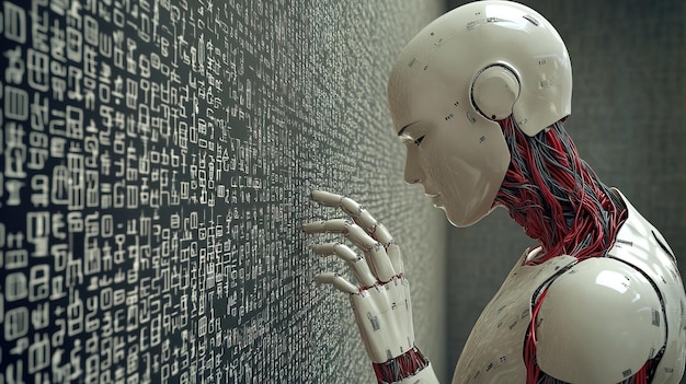 Un robot sta guardando un muro con un sacco di numeri su di esso
