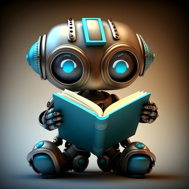 Un robot sta leggendo un libro con una faccia blu.