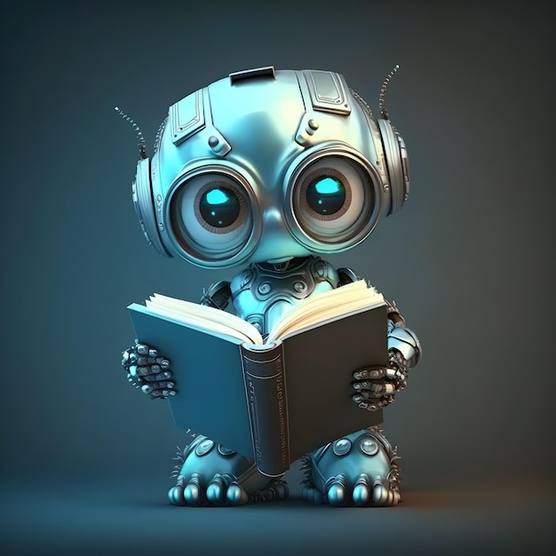 Un robot sta leggendo un libro con uno sfondo nero.