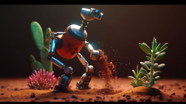 Un robot sta scavando una buca nel terreno con una pianta sullo sfondo.