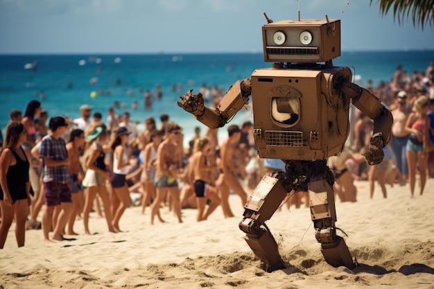 Un robot sulla spiaggia di fronte a un sacco di persone in vacanza Vacanza sulla spiaggia