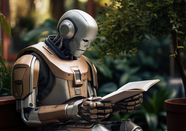 Un robot umanoide AI che legge un libro che simboleggia la sete di conoscenza e il potenziale infinito o