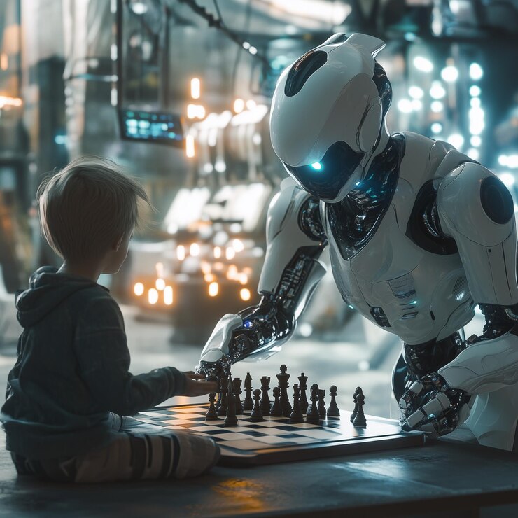 Un robot umanoide che gioca a scacchi con un bambino in un ambiente futuristico che evidenzia l'interazione