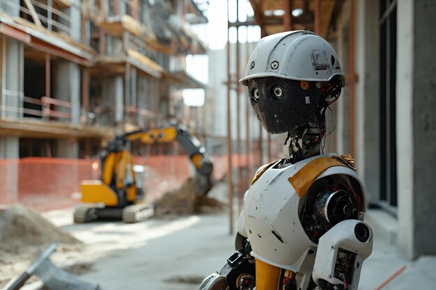 Un robot umanoide in abbigliamento da operaio in un cantiere circondato da macchinari e strutture