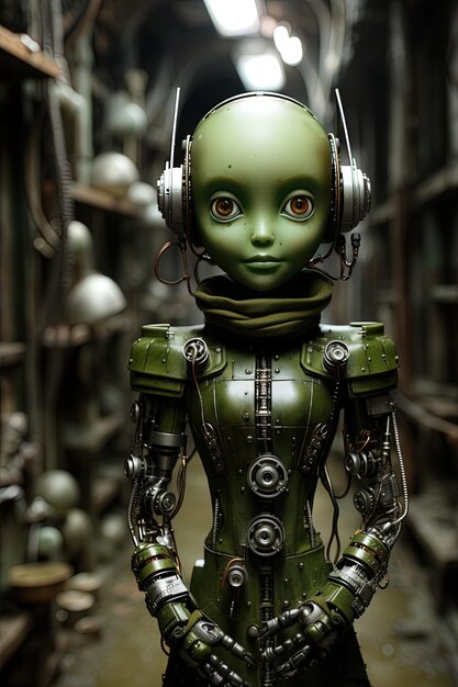 un robot verde con le cuffie su e un robot green con le cuffe su