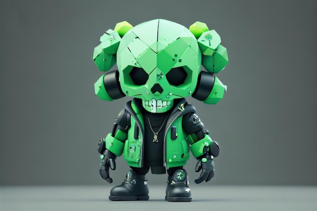 un robot verde con una testa verde e una camicia nera