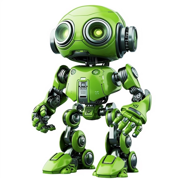 Un robot verde con uno sfondo bianco e uno sfondo bianco.