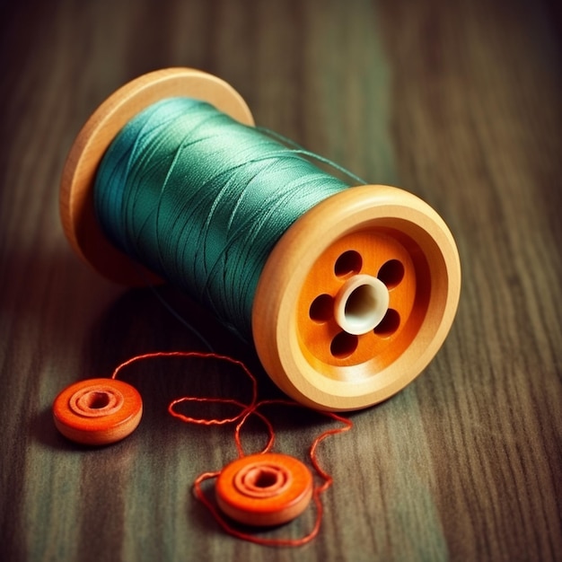 Un rocchetto di filo arancione con manico verde e due bottoni arancioni laterali.