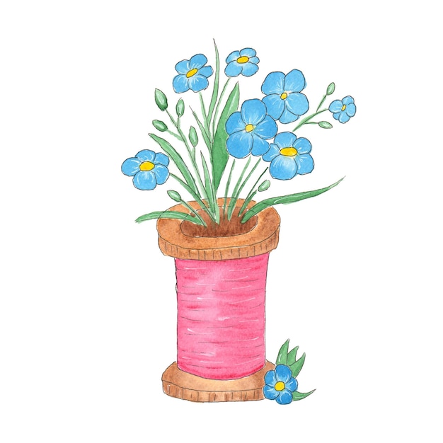 Un rocchetto di filo decorato con fiori Disegno ad acquerello di fiori in un rocchetto