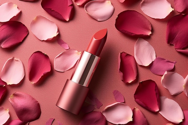 Un rossetto color rosa circondato da petali di rosa sparsi