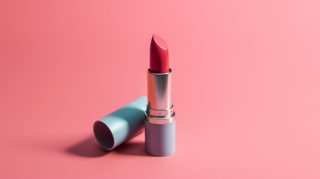 Un rossetto rosso su sfondo rosa