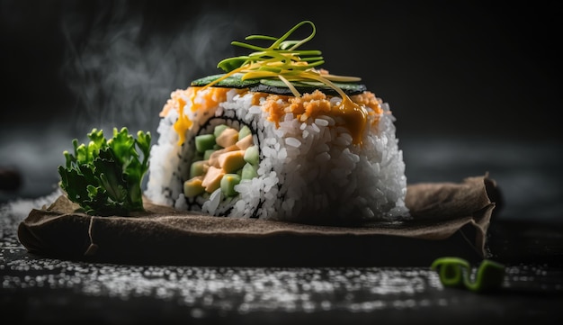 Un rotolo di sushi con un contorno verde in cima