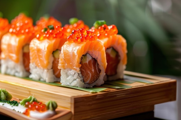 Un rotolo di sushi di salmone elegantemente realizzato con uova di salmione vivaci