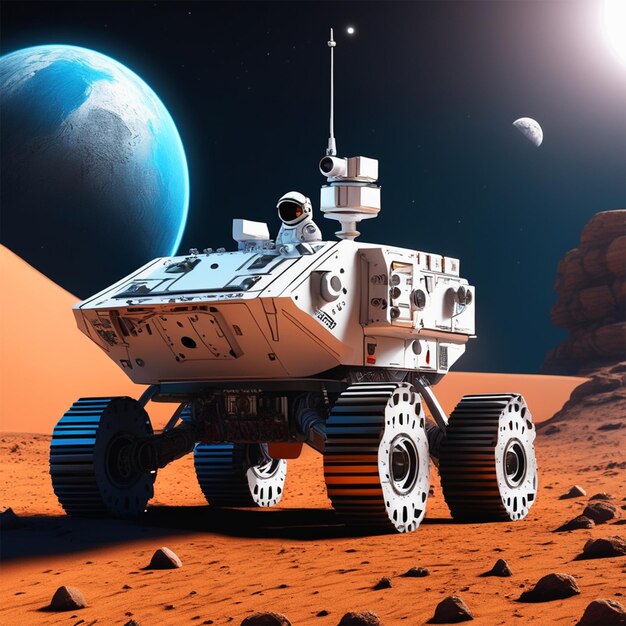 Un Rover sulla Luna con la bandiera indiana su di esso e la Terra sullo sfondo HDfine Focus 4K