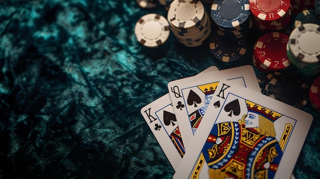 Un royal flush al poker disteso su un tavolo buio in mezzo alle fiches del casinò una classica scena di gioco d'azzardo a scommesse elevate gioco di poker estetico e lunatico tema della notte del casinò AI